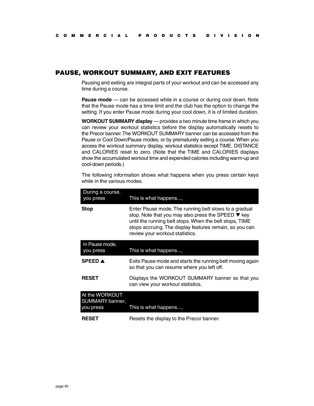 Precor C934 owner manual PAUSE, Workout SUMMARY, and Exit Features, Stop 