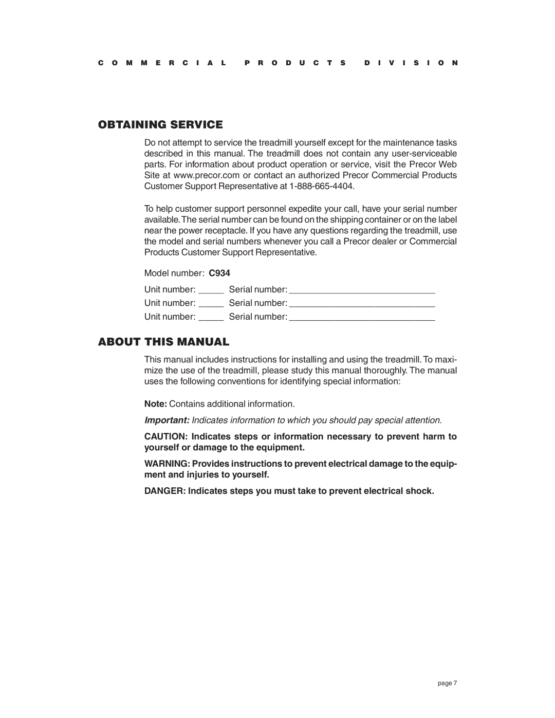 Precor C934 owner manual Obtaining Service, About this Manual 