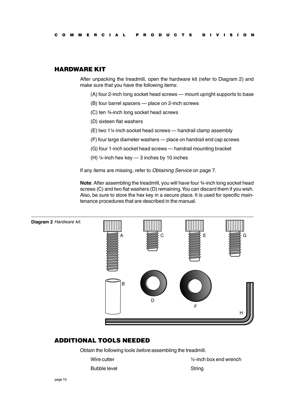 Precor C936i owner manual Hardware KIT, Additional Tools Needed 