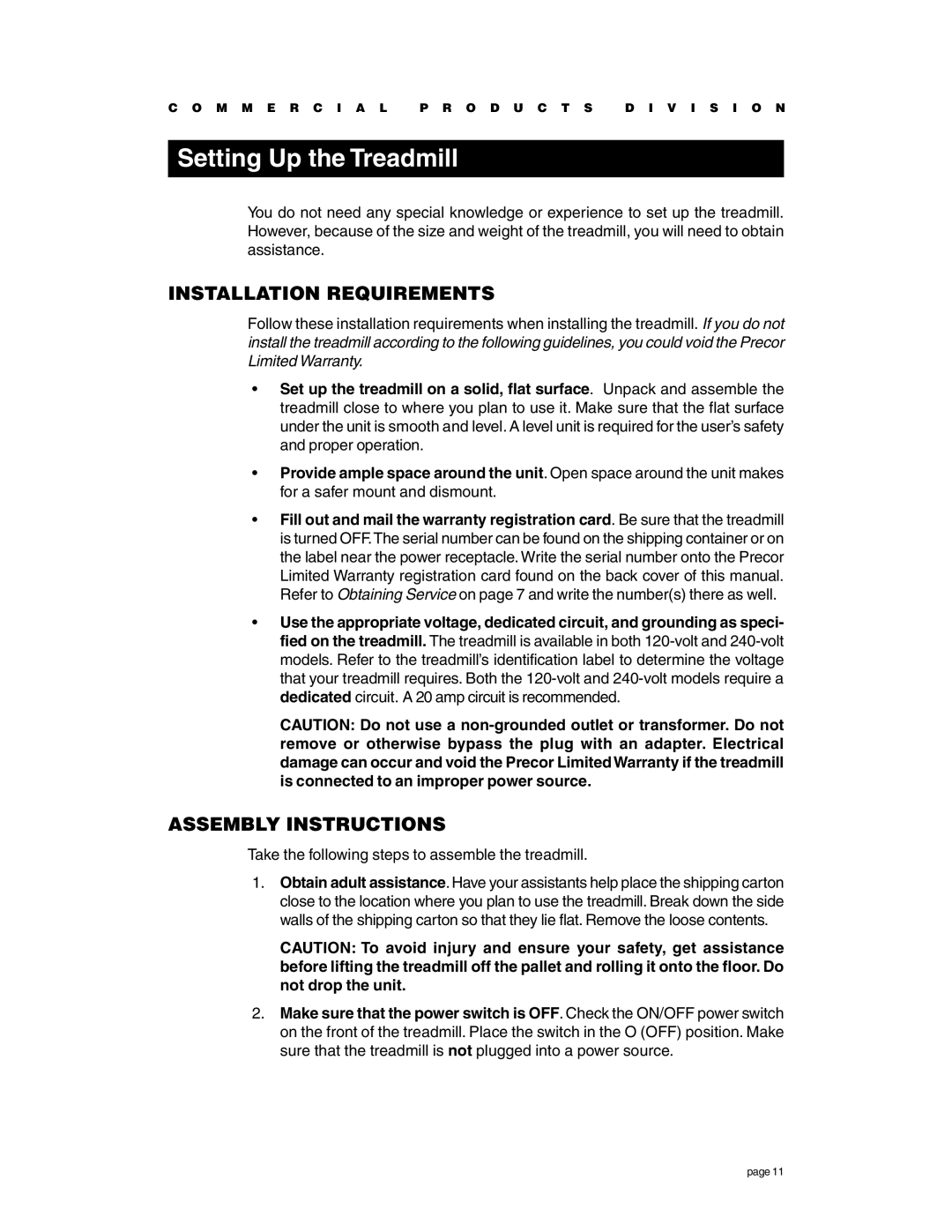 Precor C936i owner manual Setting Up the Treadmill, Installation Requirements, Assembly Instructions 