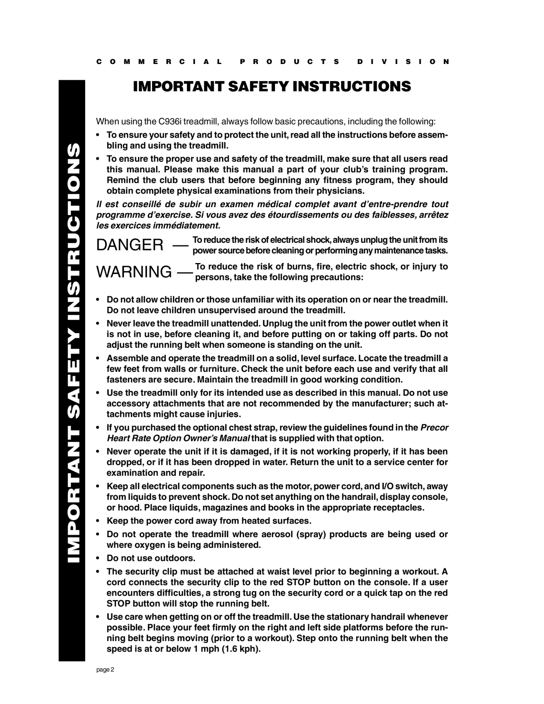 Precor C936i owner manual Important Safety Instructions 