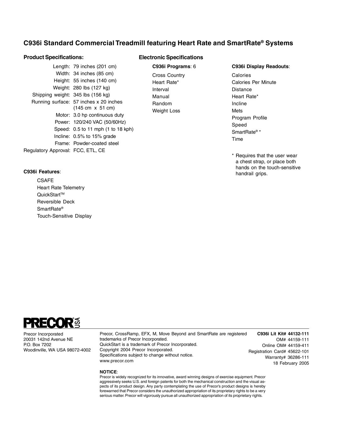 Precor C936i owner manual Product Specifications, Electronic Specifications 