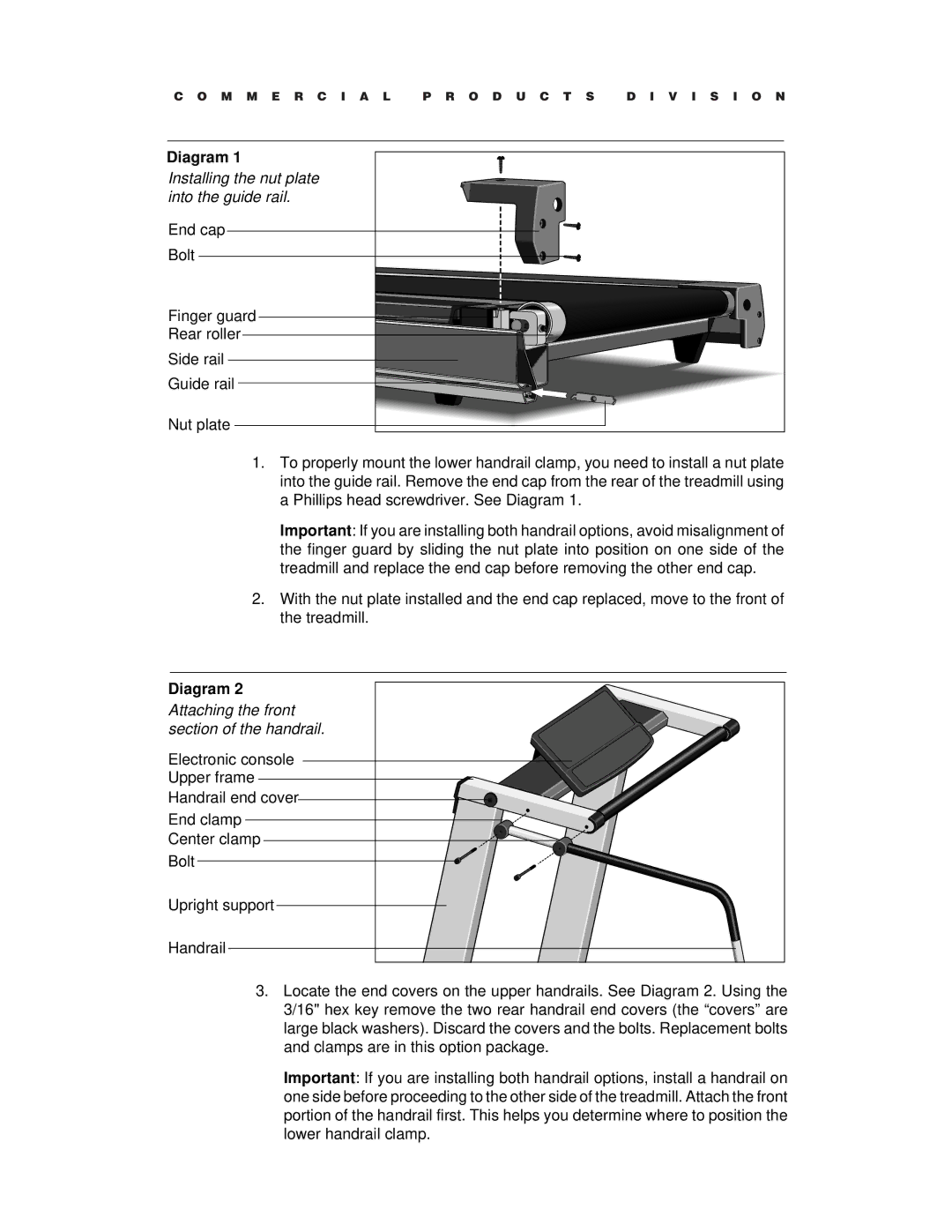 Precor M9.45 Attaching the front, Section of the handrail, Electronic console, Upper frame, Handrail end cover, End clamp 