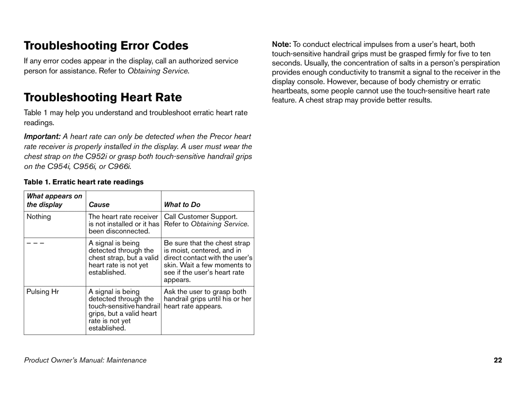 Precor C952i, C966i owner manual Troubleshooting Error Codes, Troubleshooting Heart Rate 