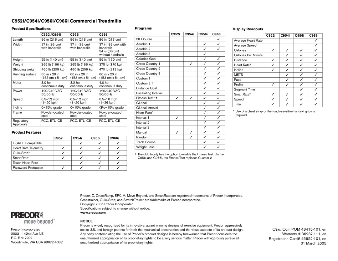 Precor owner manual C952i/C954i/C956i/C966i Commercial Treadmills 