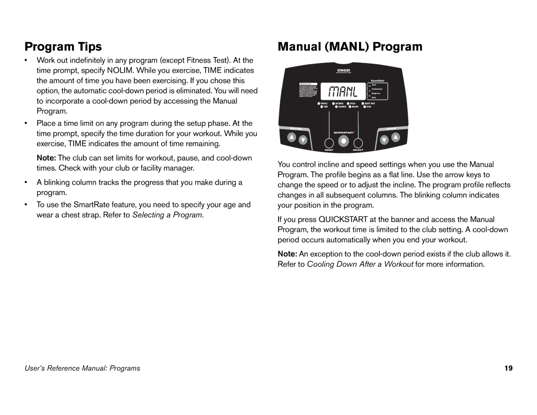 Precor C966i, C952i owner manual Program Tips, Manual Manl Program 