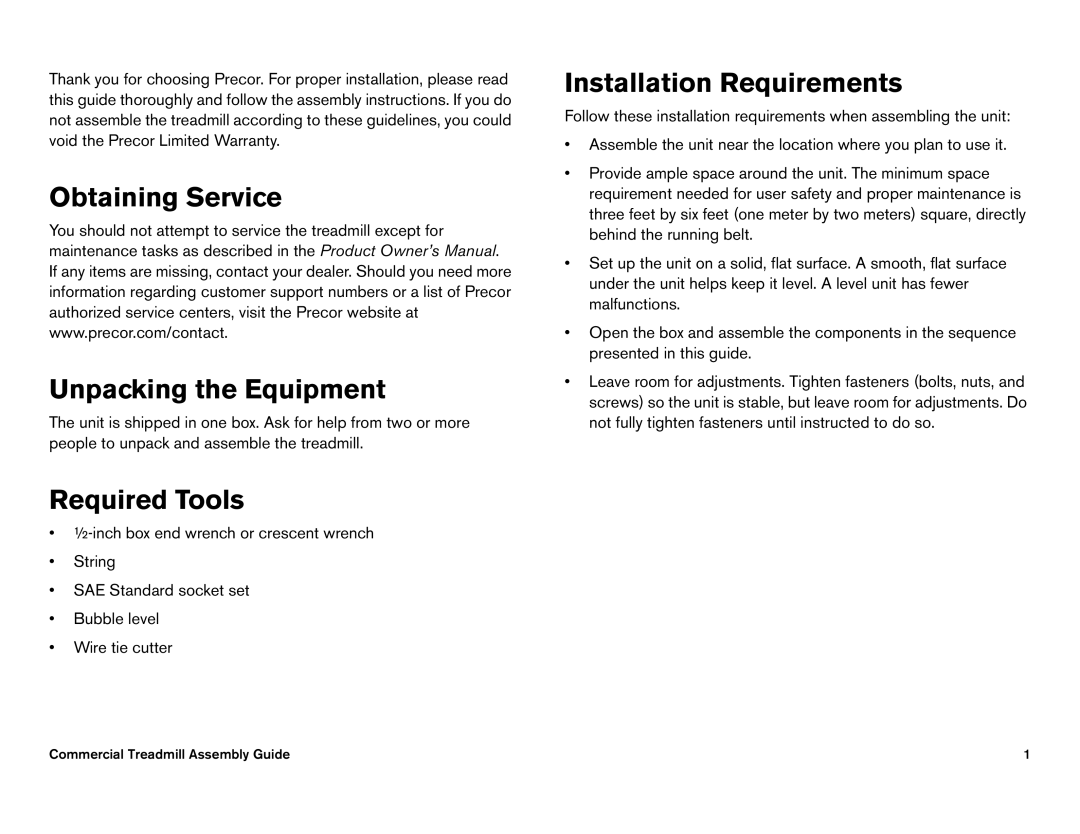 Precor C966i, C952i owner manual Obtaining Service Unpacking the Equipment 