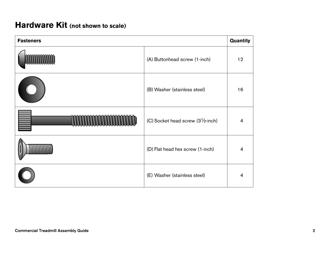 Precor C952i, C966i owner manual Hardware Kit not shown to scale 