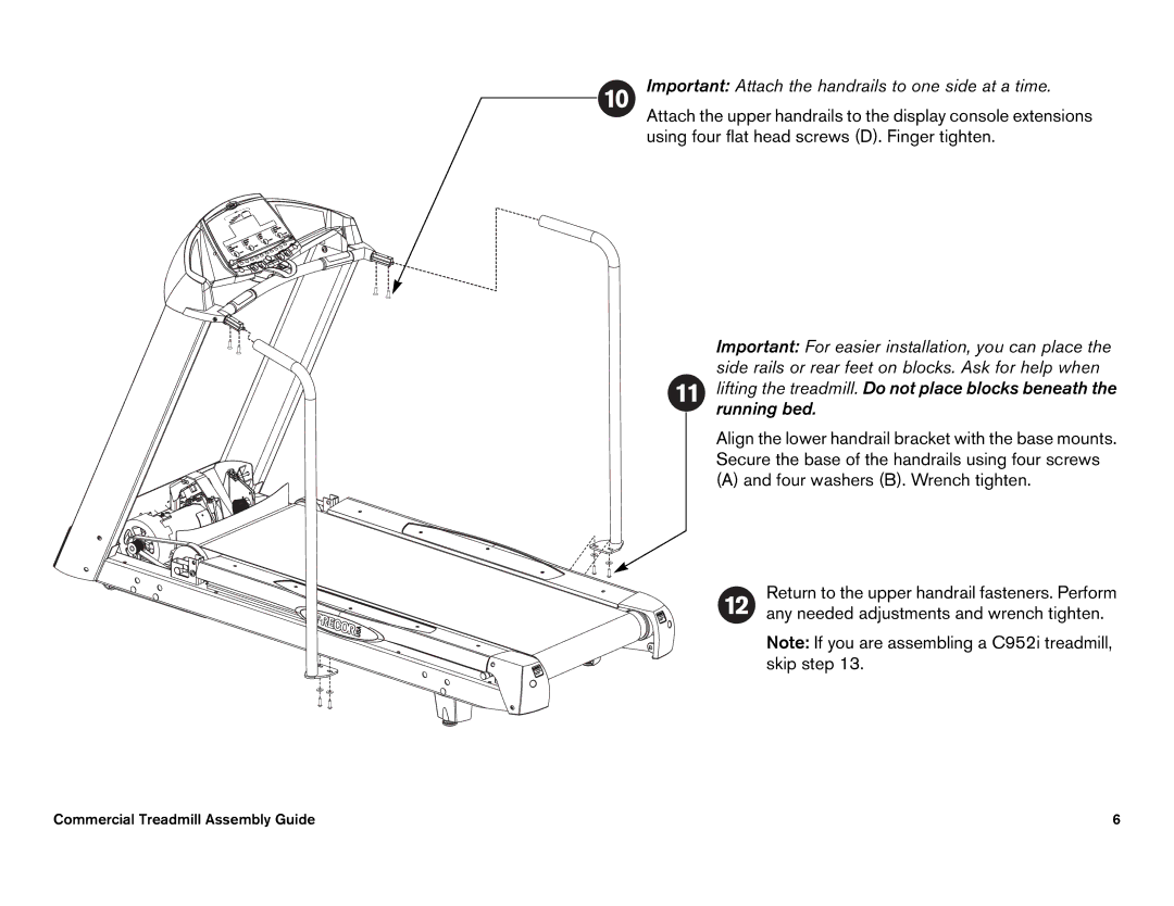 Precor C952i, C966i owner manual Important Attach the handrails to one side at a time 