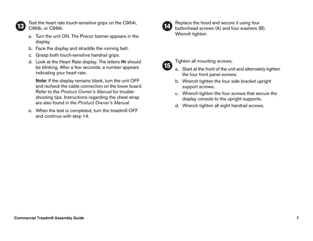 Precor C966i, C952i owner manual Commercial Treadmill Assembly Guide 