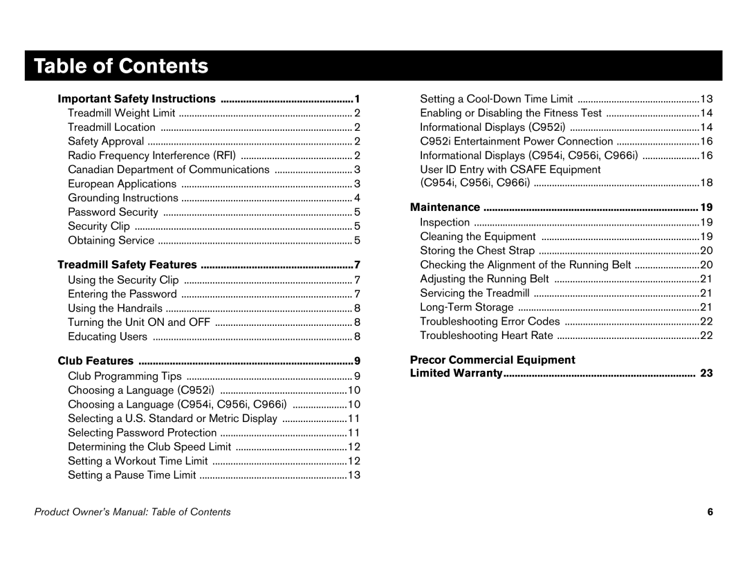 Precor C952i, C966i owner manual Table of Contents 