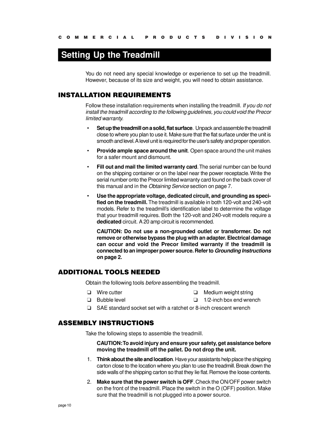 Precor c954 Setting Up the Treadmill, Installation Requirements, Additional Tools Needed, Assembly Instructions 