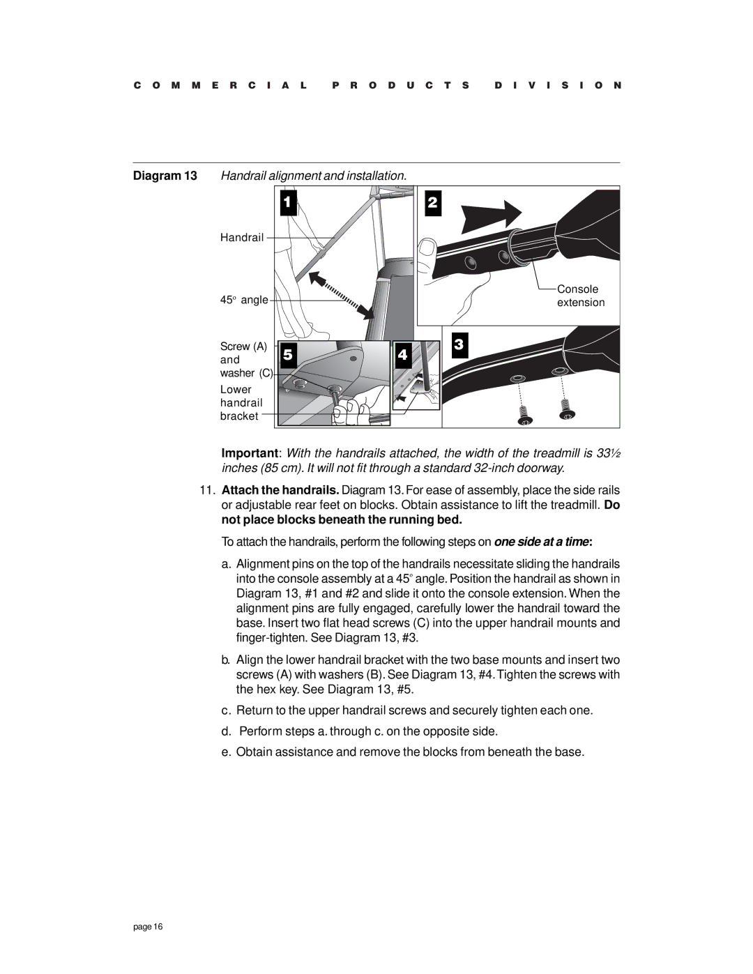 Precor c954 owner manual Diagram 13 Handrail alignment and installation 