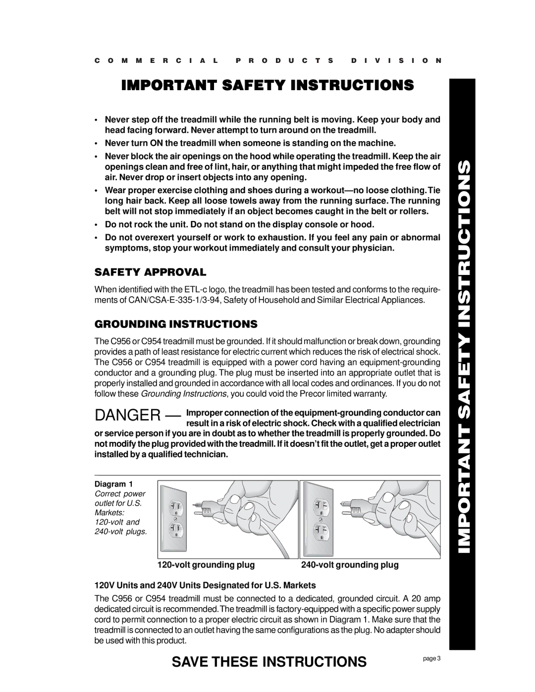 Precor c954 owner manual Safety Approval, Grounding Instructions 