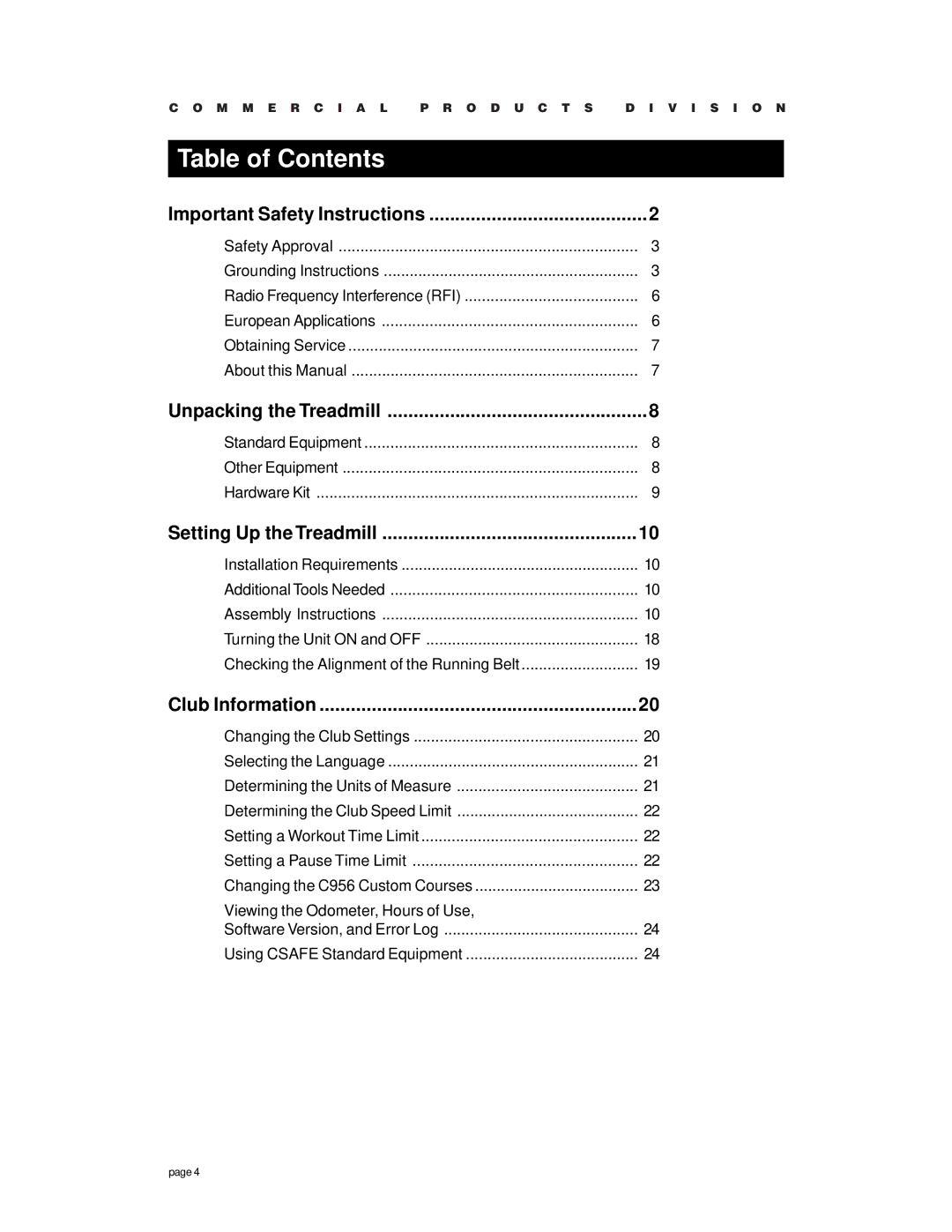 Precor c954 owner manual Table of Contents 