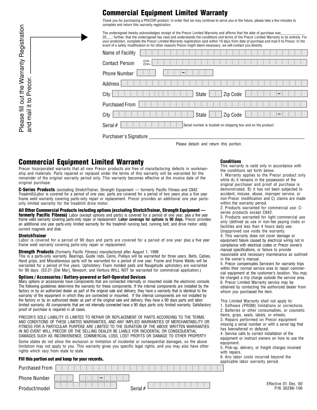 Precor c954 owner manual Commercial Equipment Limited Warranty 