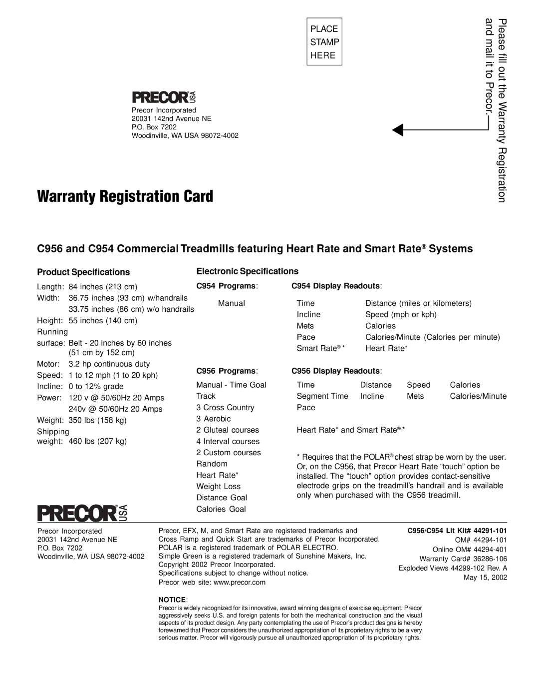 Precor c954 owner manual Warranty Registration Card, Product Specifications 