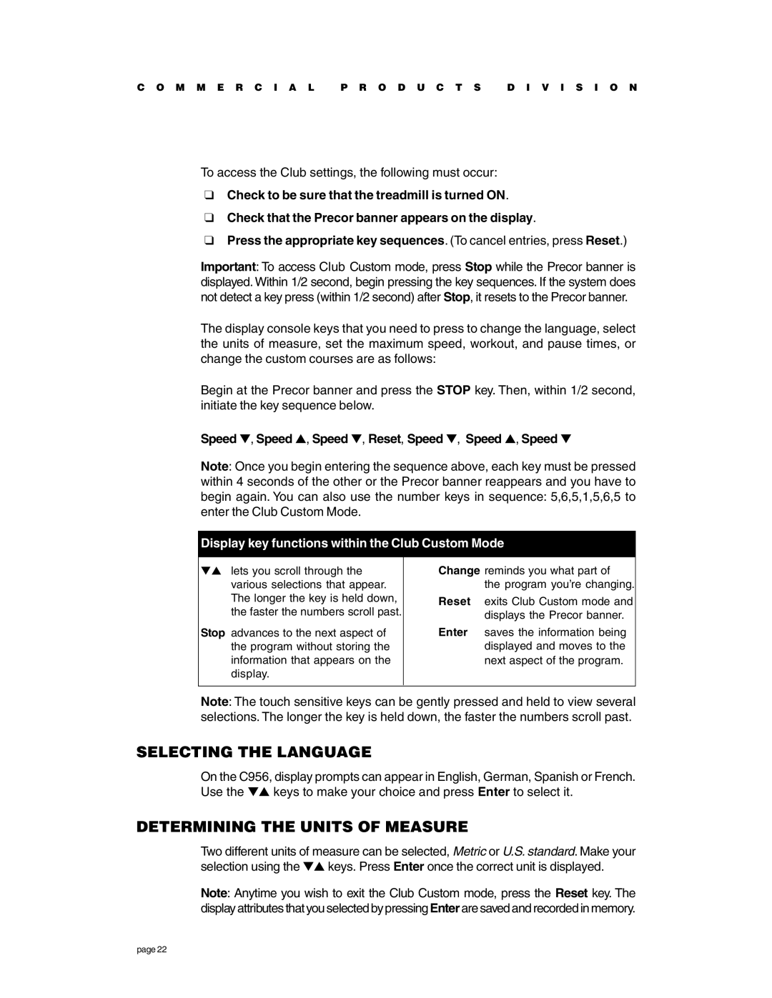 Precor c956 Selecting the Language, Determining the Units of Measure, Speed , Speed , Speed , Reset, Speed , Speed , Speed 