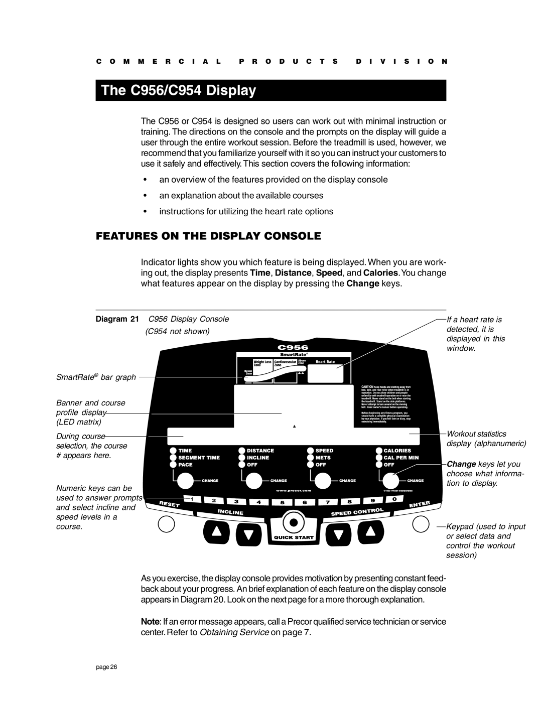 Precor c956, c954 owner manual C956/C954 Display, Features on the Display Console 