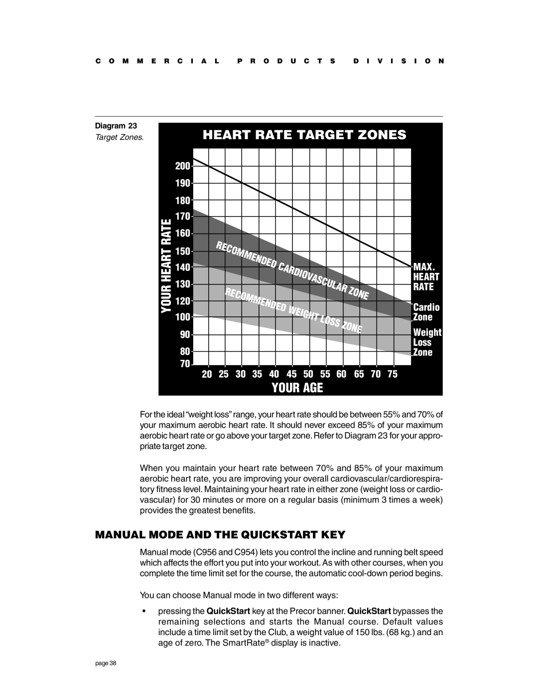 Precor c956, c954 owner manual Manual Mode and the Quickstart KEY, Weight 