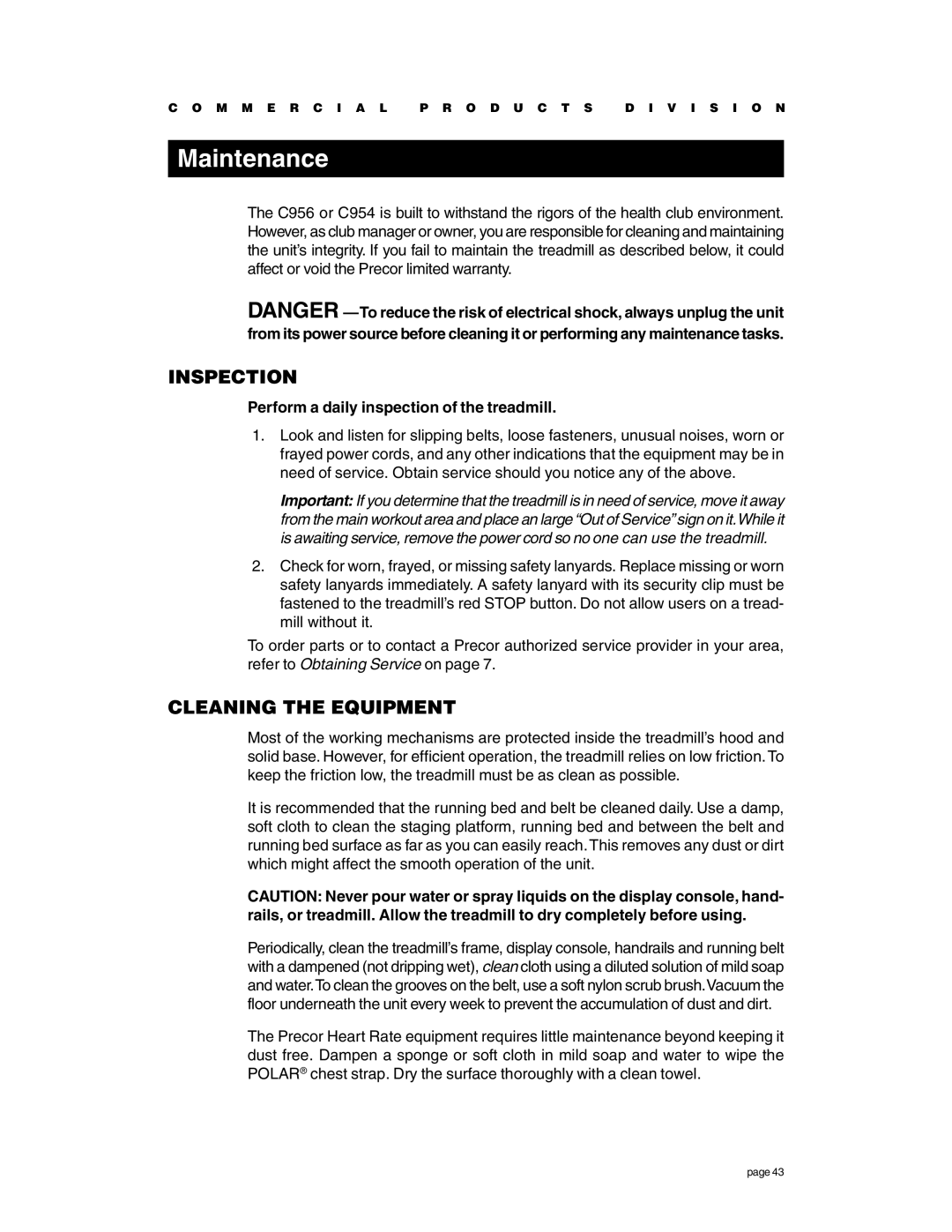 Precor c954, c956 owner manual Maintenance, Inspection, Cleaning the Equipment, Perform a daily inspection of the treadmill 