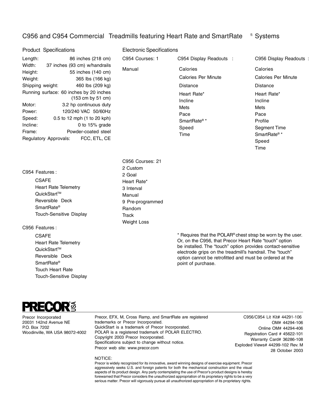 Precor c956, c954 owner manual Product Specifications, Electronic Specifications 