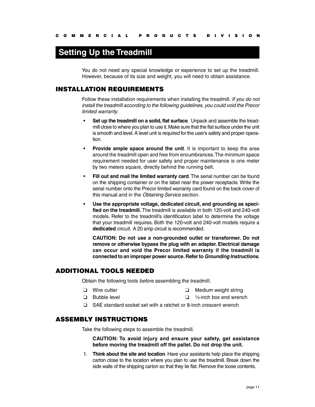 Precor C954i, C956i Setting Up the Treadmill, Installation Requirements, Additional Tools Needed, Assembly Instructions 