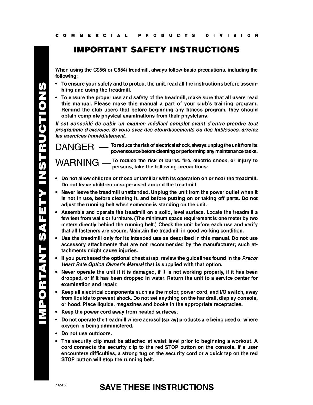 Precor C956i, C954i owner manual Important Safety Instructions 