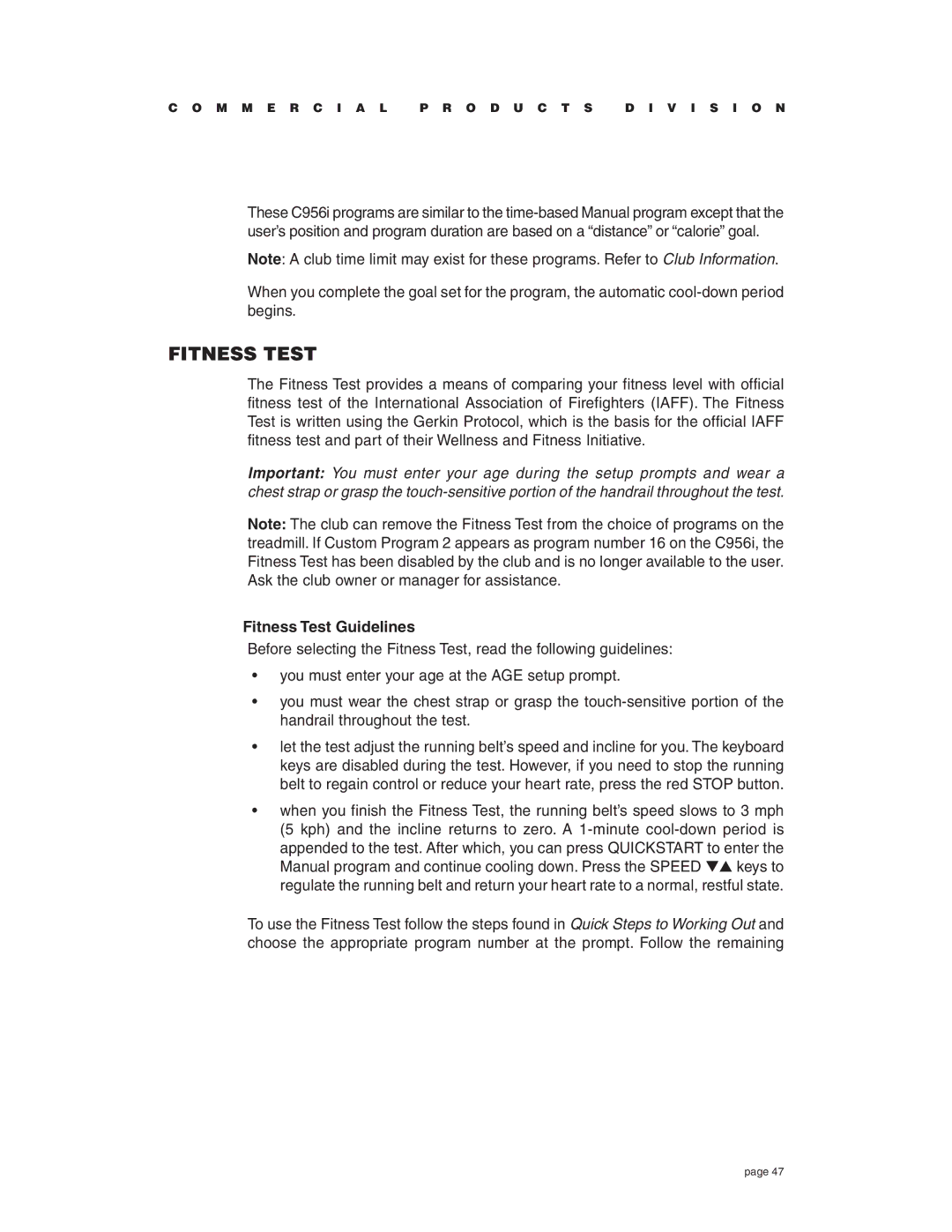 Precor C954i, C956i owner manual Fitness Test Guidelines 