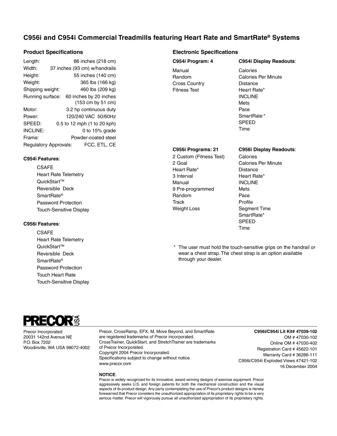 Precor C956i, C954i owner manual Product Specifications, Electronic Specifications 