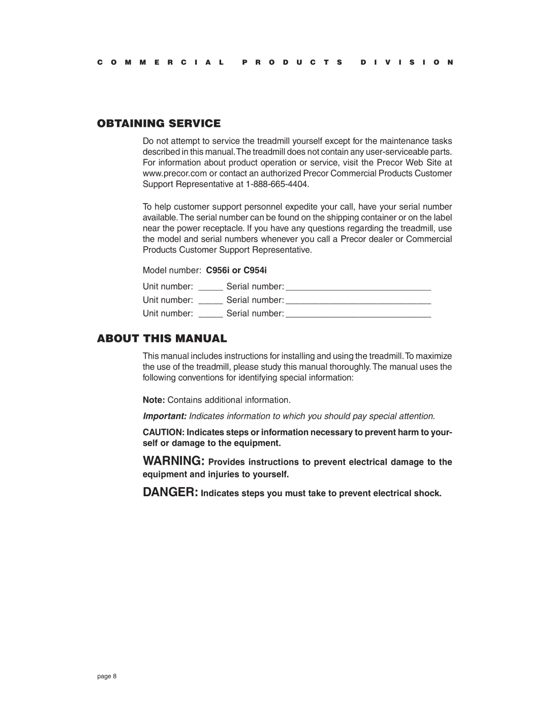 Precor C956i, C954i owner manual Obtaining Service, About this Manual 