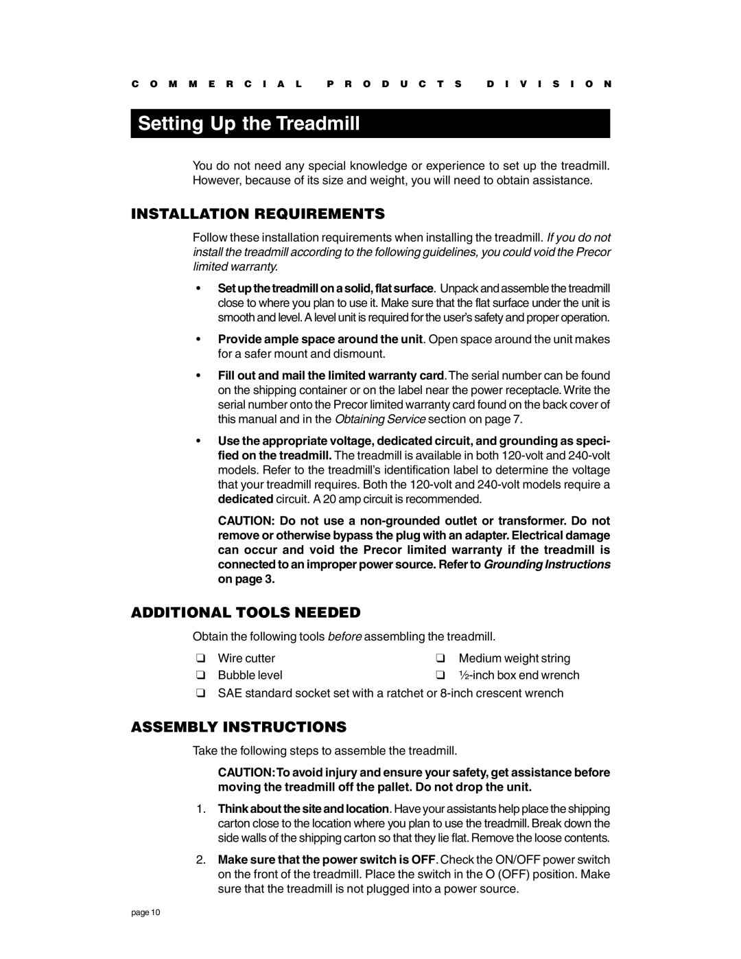 Precor C966 Setting Up the Treadmill, Installation Requirements, Additional Tools Needed, Assembly Instructions 