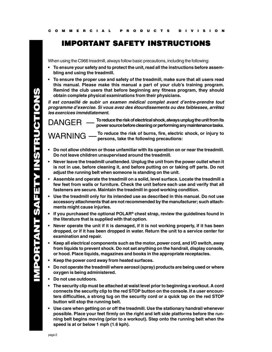 Precor C966 owner manual Important Safety Instructions 