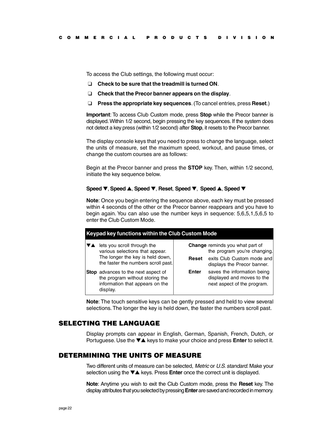Precor C966 Selecting the Language, Determining the Units of Measure, Speed , Speed , Speed , Reset, Speed , Speed , Speed 