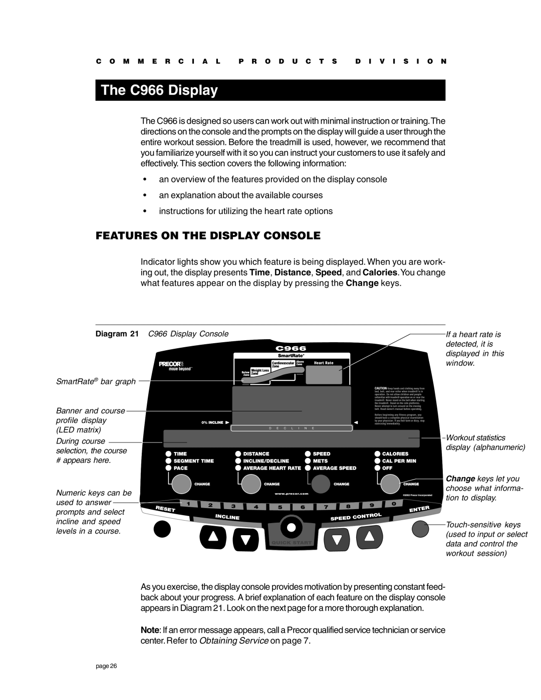 Precor owner manual C966 Display, Features on the Display Console 