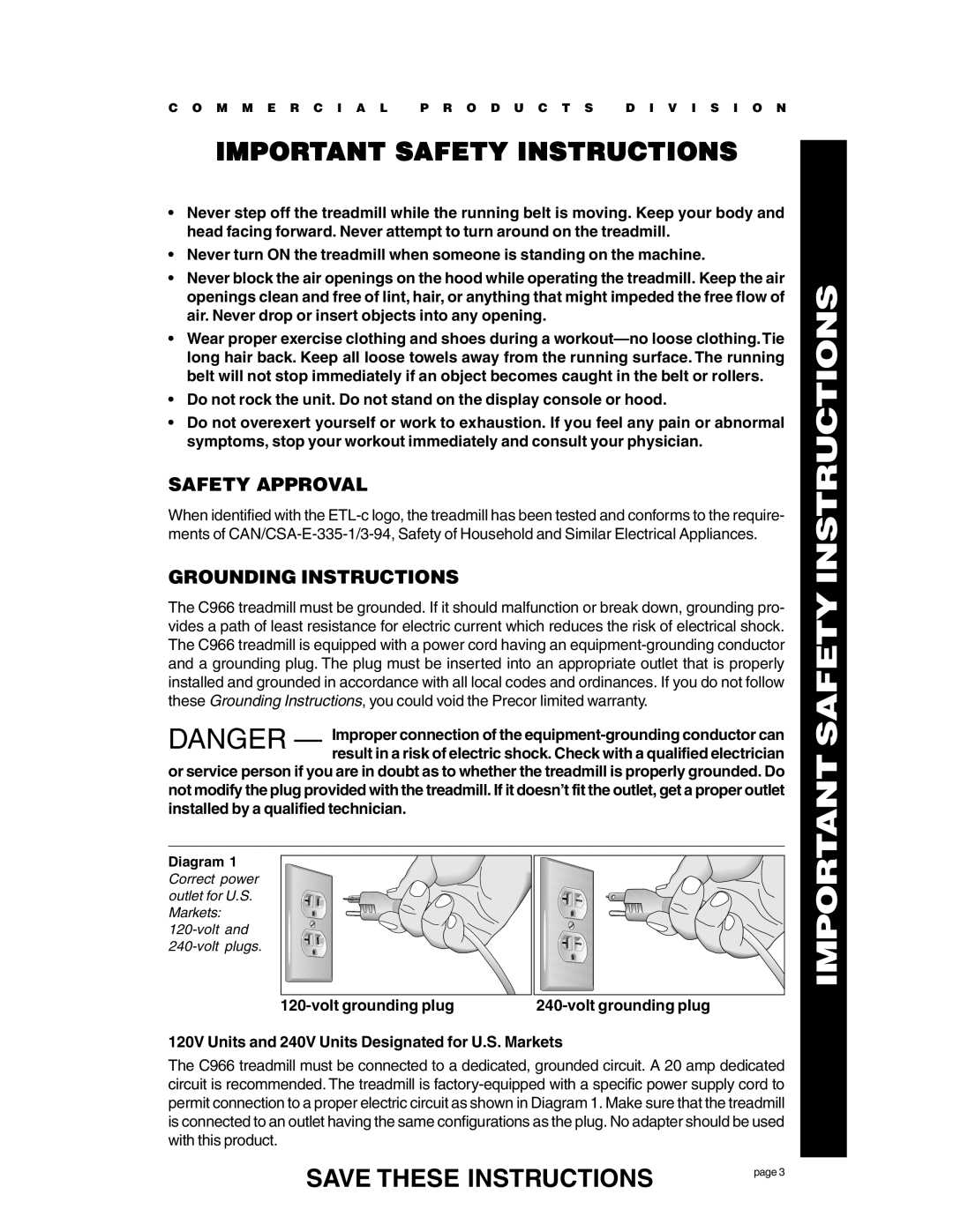 Precor C966 owner manual Safety Approval, Grounding Instructions 