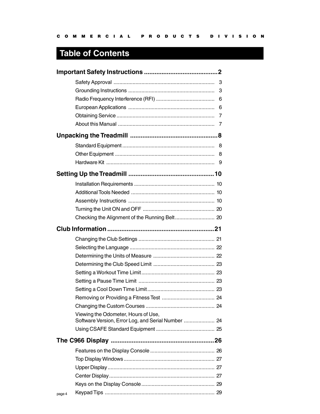 Precor C966 owner manual Table of Contents 