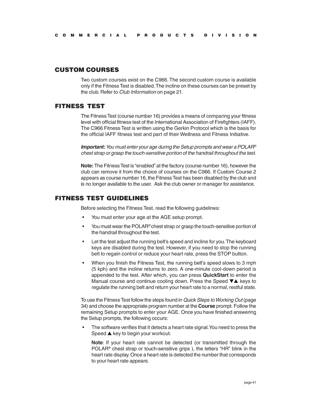 Precor C966 owner manual Custom Courses, Fitness Test Guidelines 