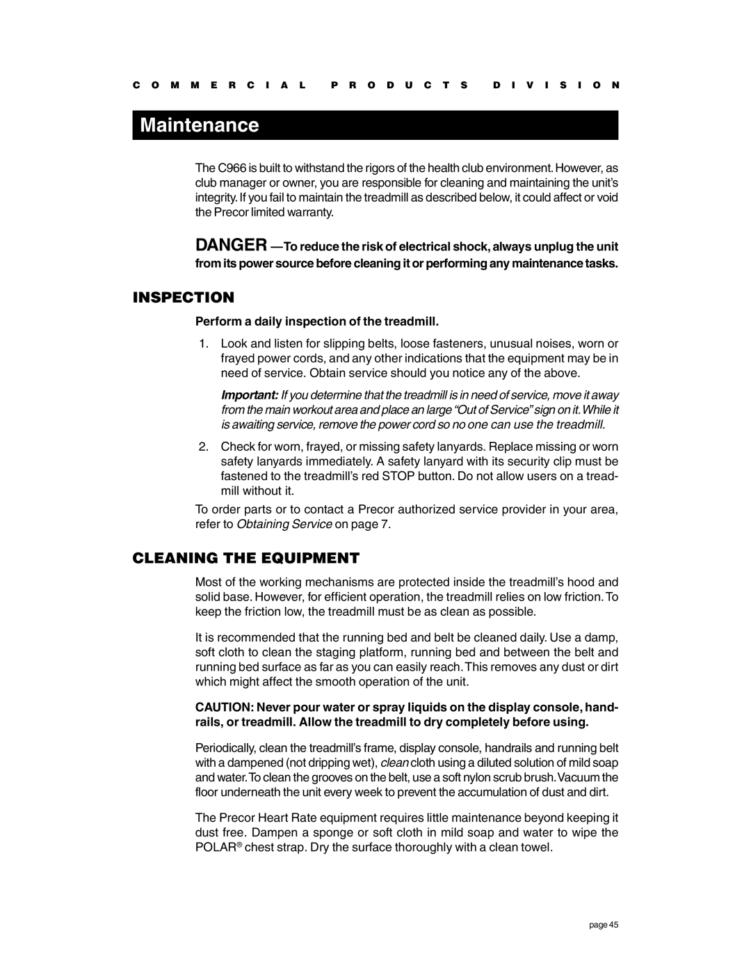 Precor C966 owner manual Maintenance, Inspection, Cleaning the Equipment, Perform a daily inspection of the treadmill 