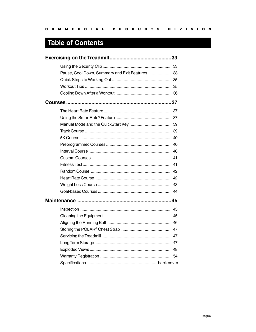 Precor C966 owner manual Exercising on the Treadmill, Courses, Maintenance, Back cover 