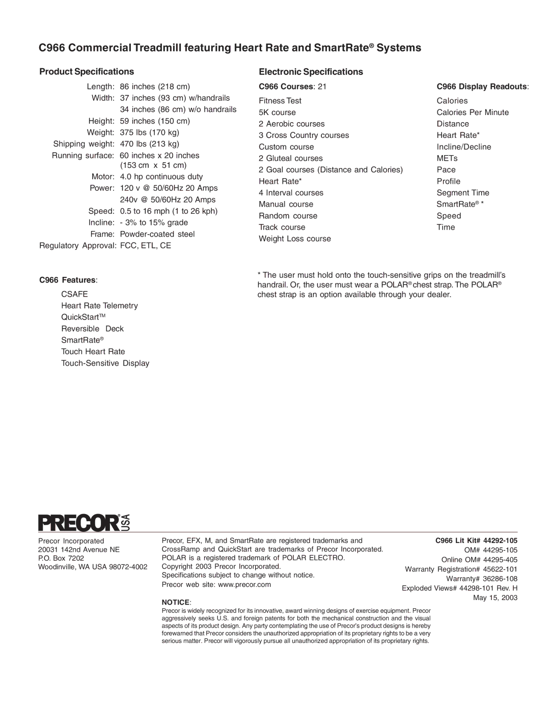 Precor C966 owner manual Product Specifications, Electronic Specifications 