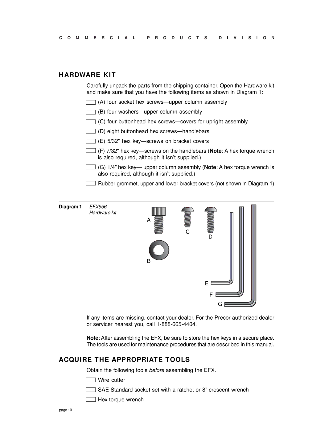 Precor Commercial EFX, EFX556 owner manual Hardware KIT, Acquire the Appropriate Tools 