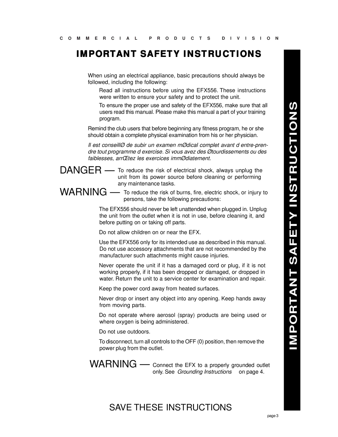 Precor EFX556, Commercial EFX owner manual Important Safety Instructions 