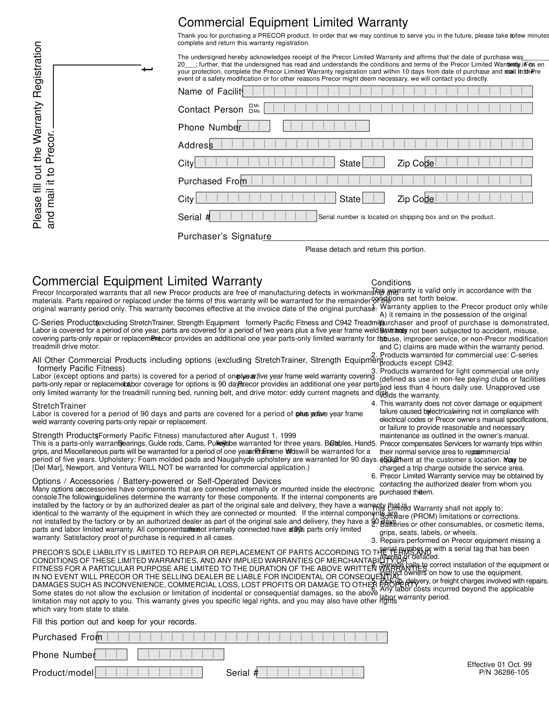 Precor EFX556, Commercial EFX owner manual Commercial Equipment Limited Warranty 