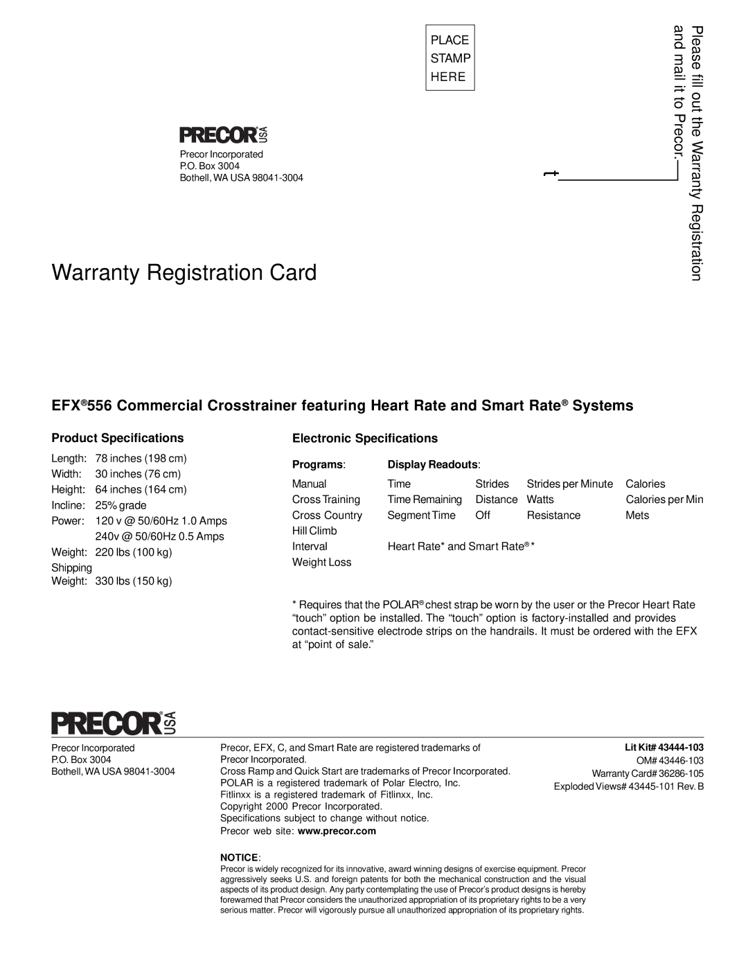 Precor Commercial EFX, EFX556 owner manual Warranty Registration Card, Product Specifications Electronic Specifications 