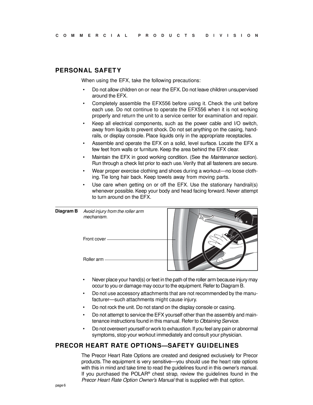 Precor Commercial EFX, EFX556 owner manual Personal Safety, Precor Heart Rate OPTIONS-SAFETY Guidelines 