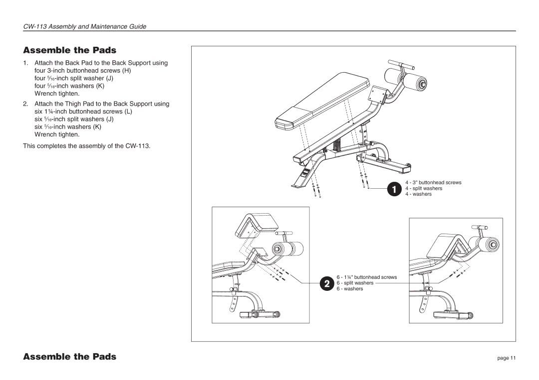 Precor CW-113 manual Assemble the Pads 