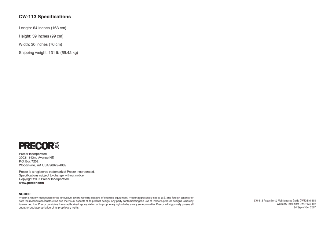 Precor manual CW-113 Specifications 