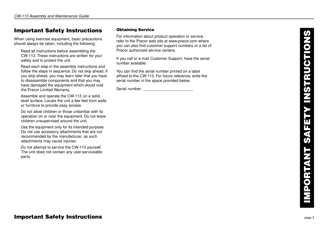 Precor CW-113 manual Important Safety Instructions 