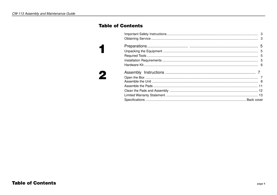 Precor CW-113 manual Table of Contents 